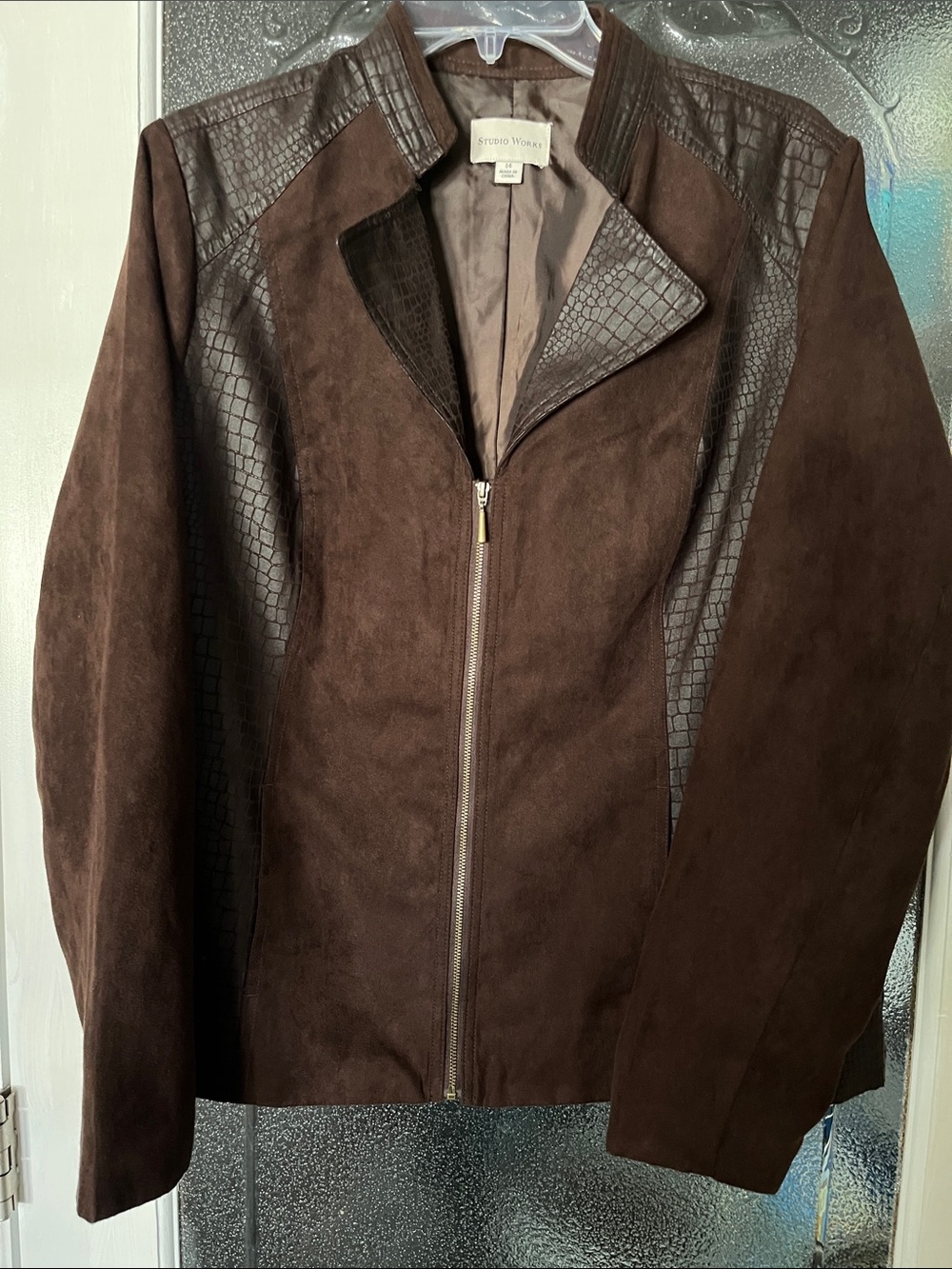 Faux Suede Light Jacket, Chocolate Brown zippered, Studio Works size 14